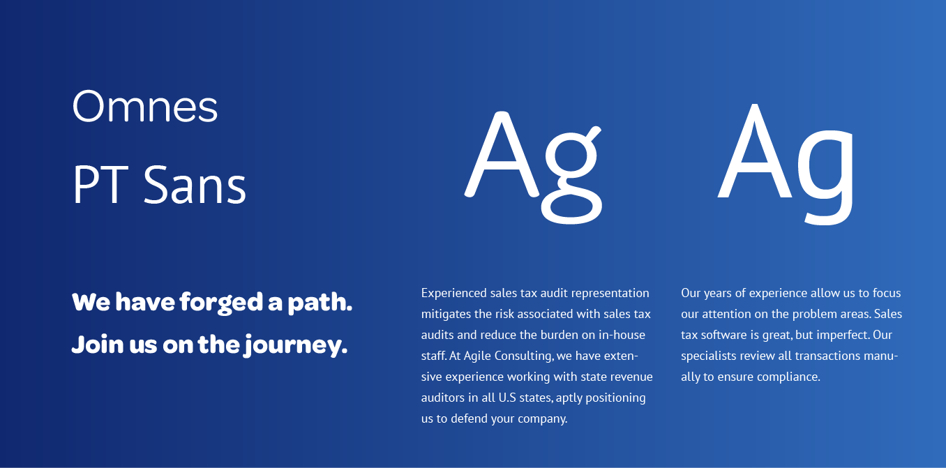 Blue typography poster for Omnes and PT Sans fonts with Ag letters and small sample text