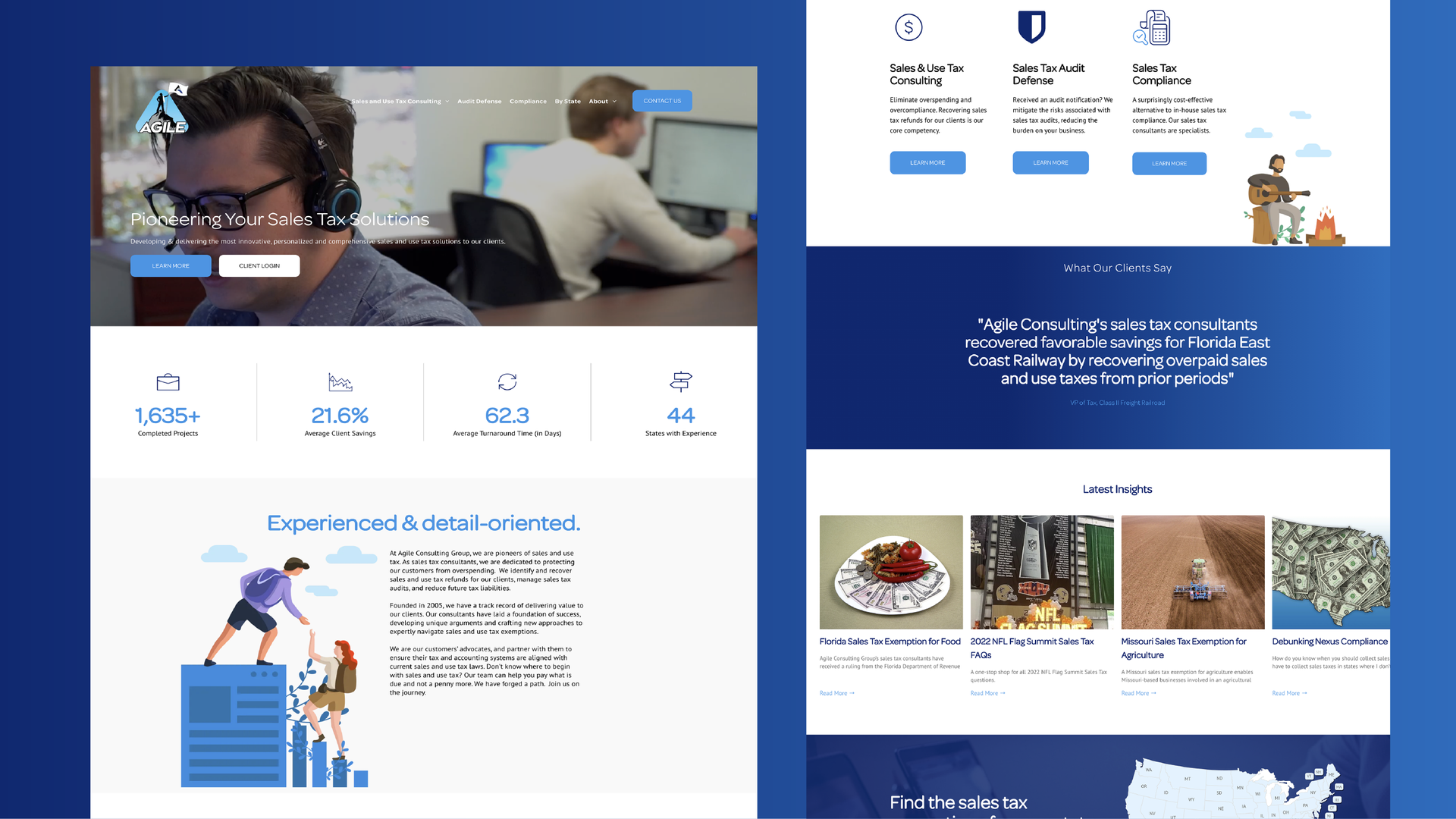 Website homepage mockup with blue hero banner, team photos, feature icons, and card-style content sections