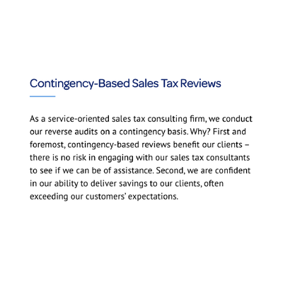Contingency-Based Sales Tax Reviews heading with paragraph on tax consulting services on a white page