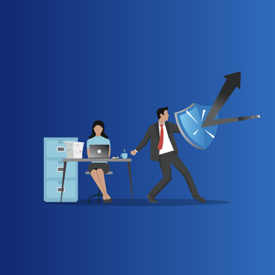 Office worker deflecting a cyberattack with a shield, while woman works at desk on blue background
