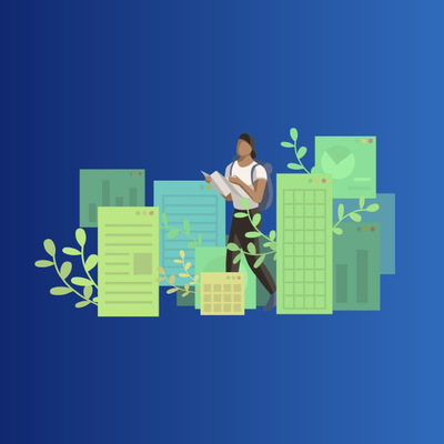 Person reading among green city buildings on a blue background