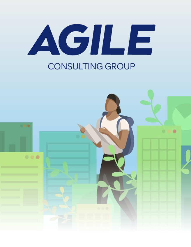 AGILE Consulting Group logo above a person holding a tablet in a green cityscape illustration