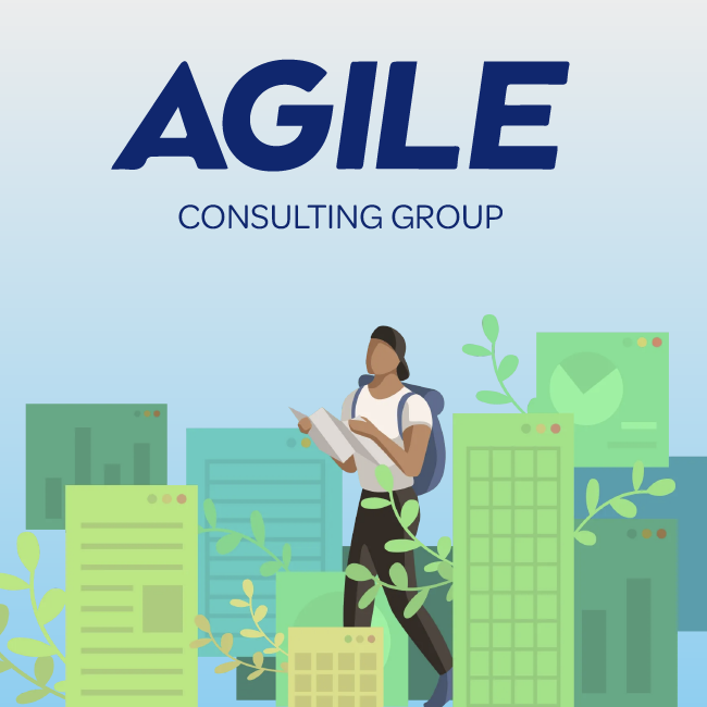 AGILE Consulting Group logo with a person holding papers in front of green city buildings