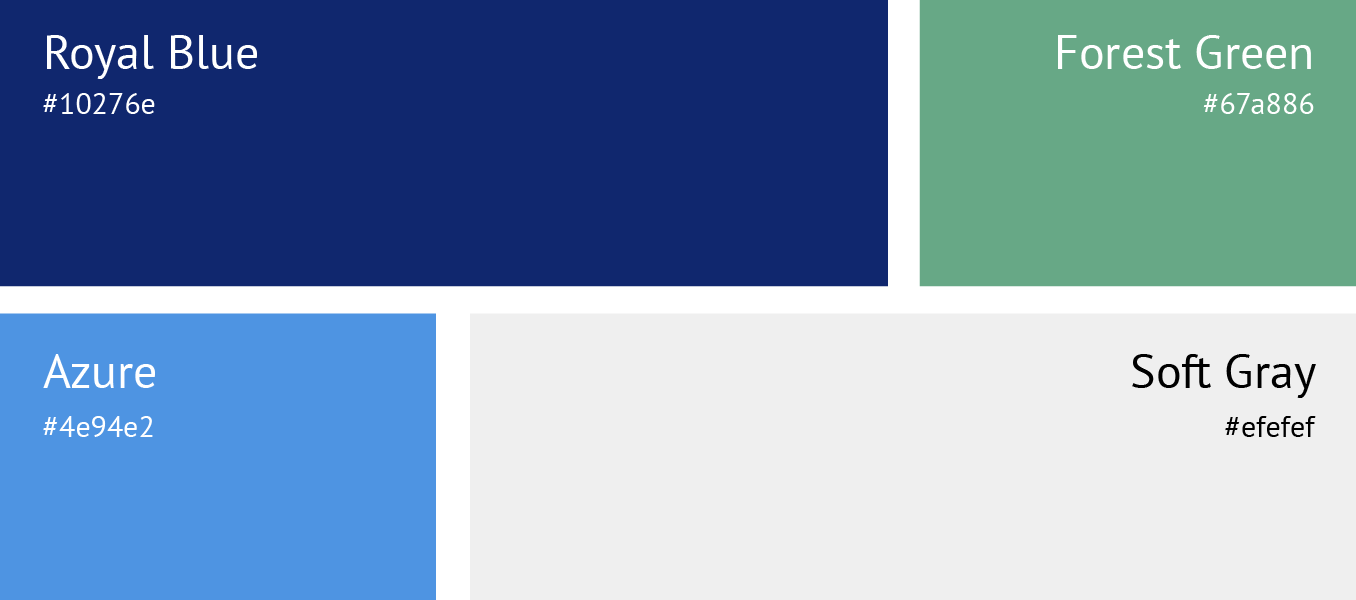Color palette swatches labeled Royal Blue, Forest Green, Azure, and Soft Gray