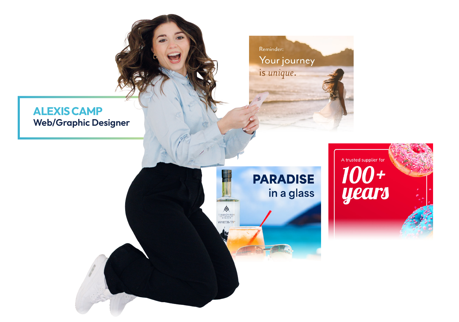 Woman kneeling beside design samples and logos: “ALEXIS CAMP Web/Graphic Designer,” “Paradise in glas,” “100+ years.”
