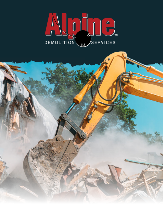 Yellow excavator demolishing debris for Alpine Demolition Services with dust and rubble in the background