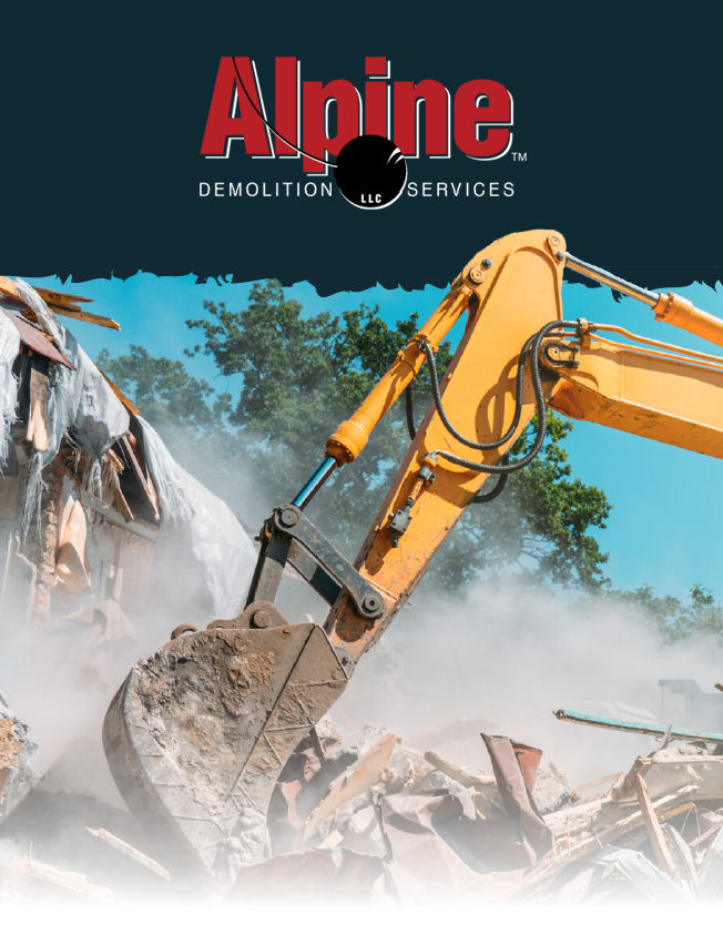 Excavator demolishing rubble with dust cloud, Alpine Demolition Services logo above.