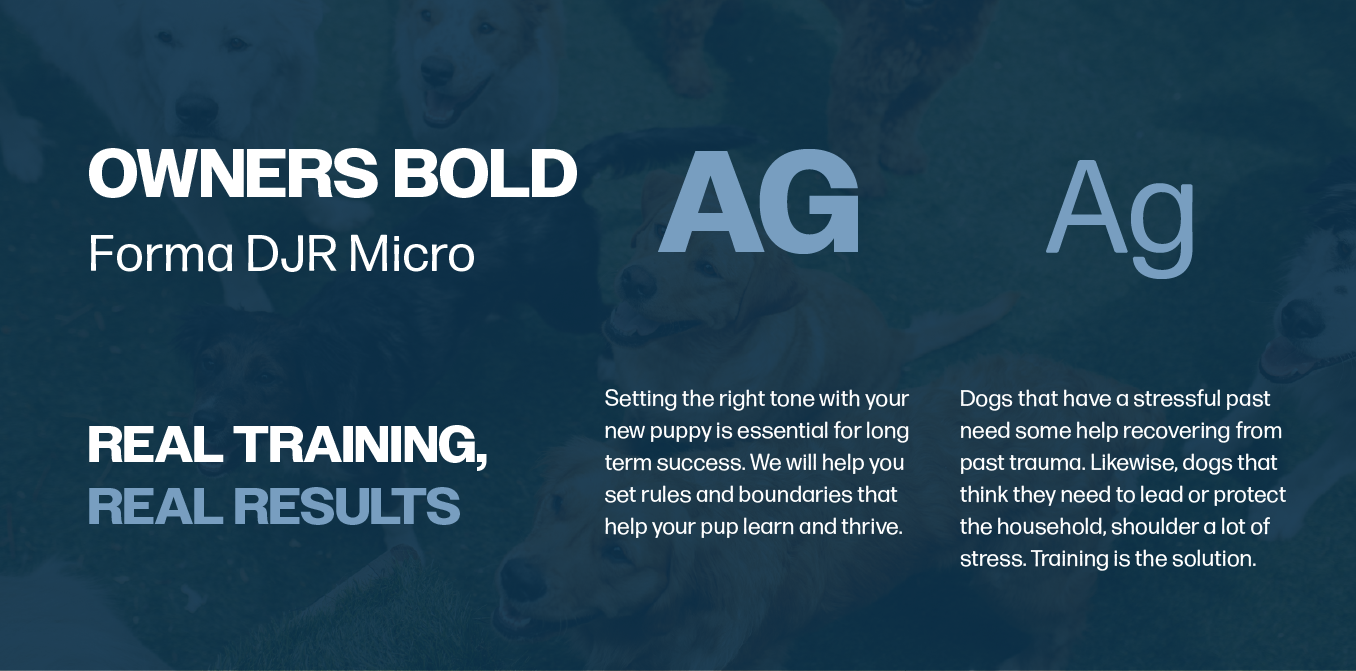Typography ad for Owners Bold font family: “AG” and “Ag” on a blue background with “Real training, real results.”