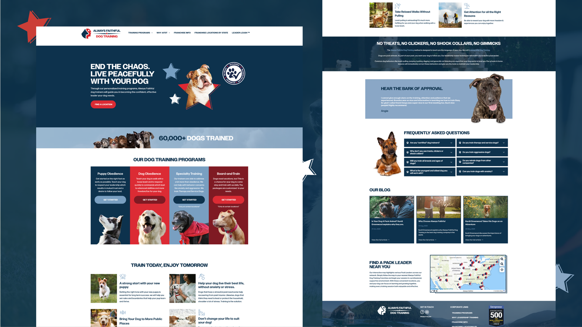 Two-column pet adoption website mockups with dog and cat photos, blue headers, and red promotional panels