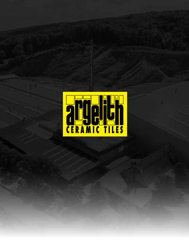 Yellow Argelith ceramic tiles logo on a dark aerial background with white fade at the bottom