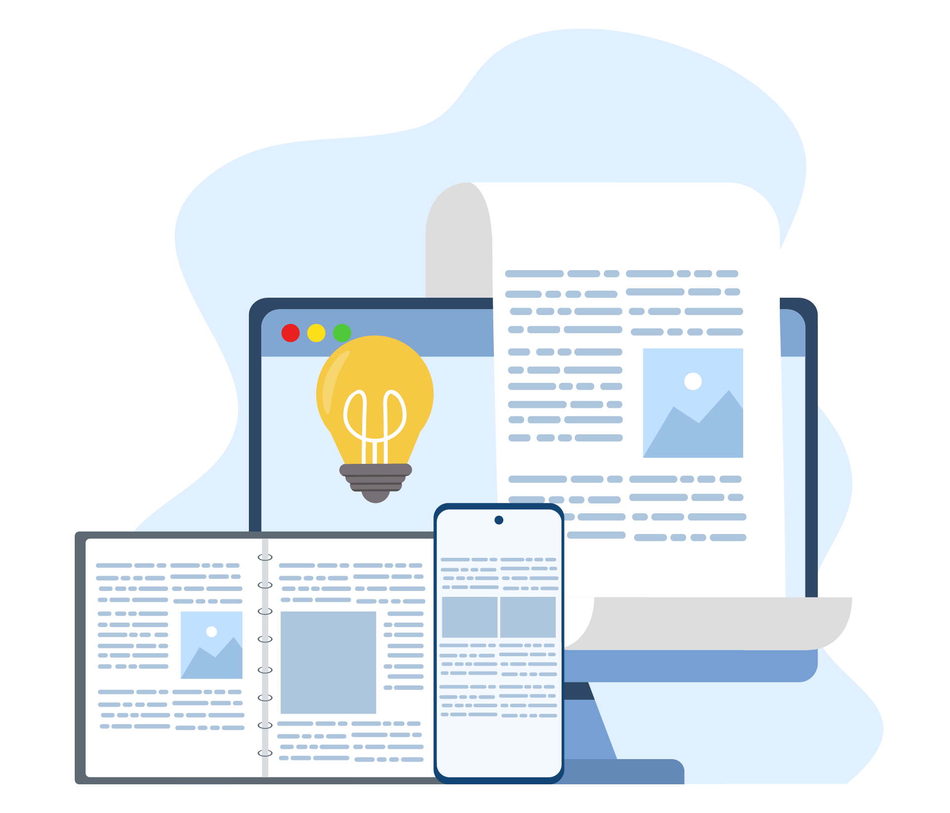 Desktop monitor, laptop, tablet, and phone displaying documents, charts, and a lightbulb idea icon