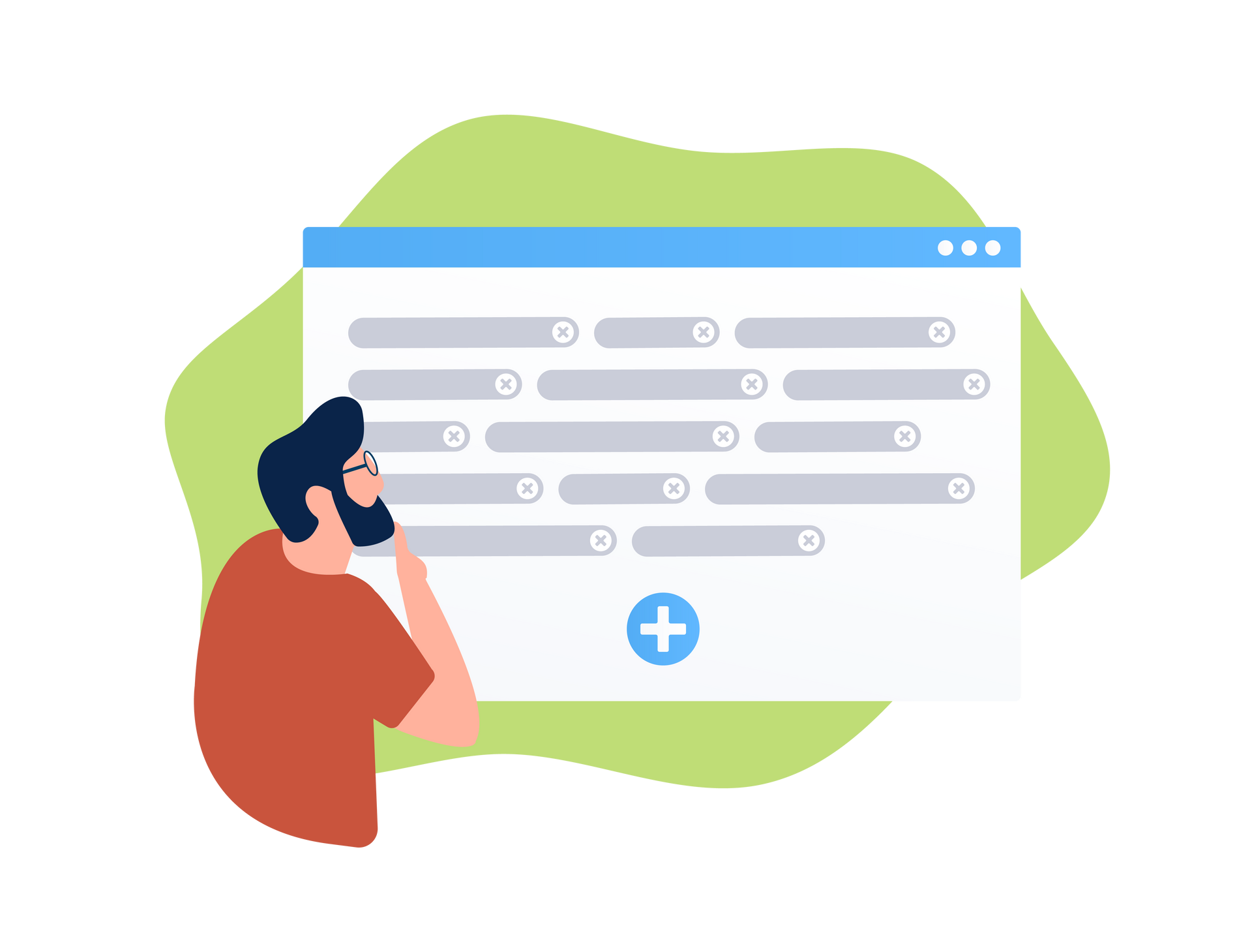 Person on phone beside a web form with text fields and a blue plus button on a white screen