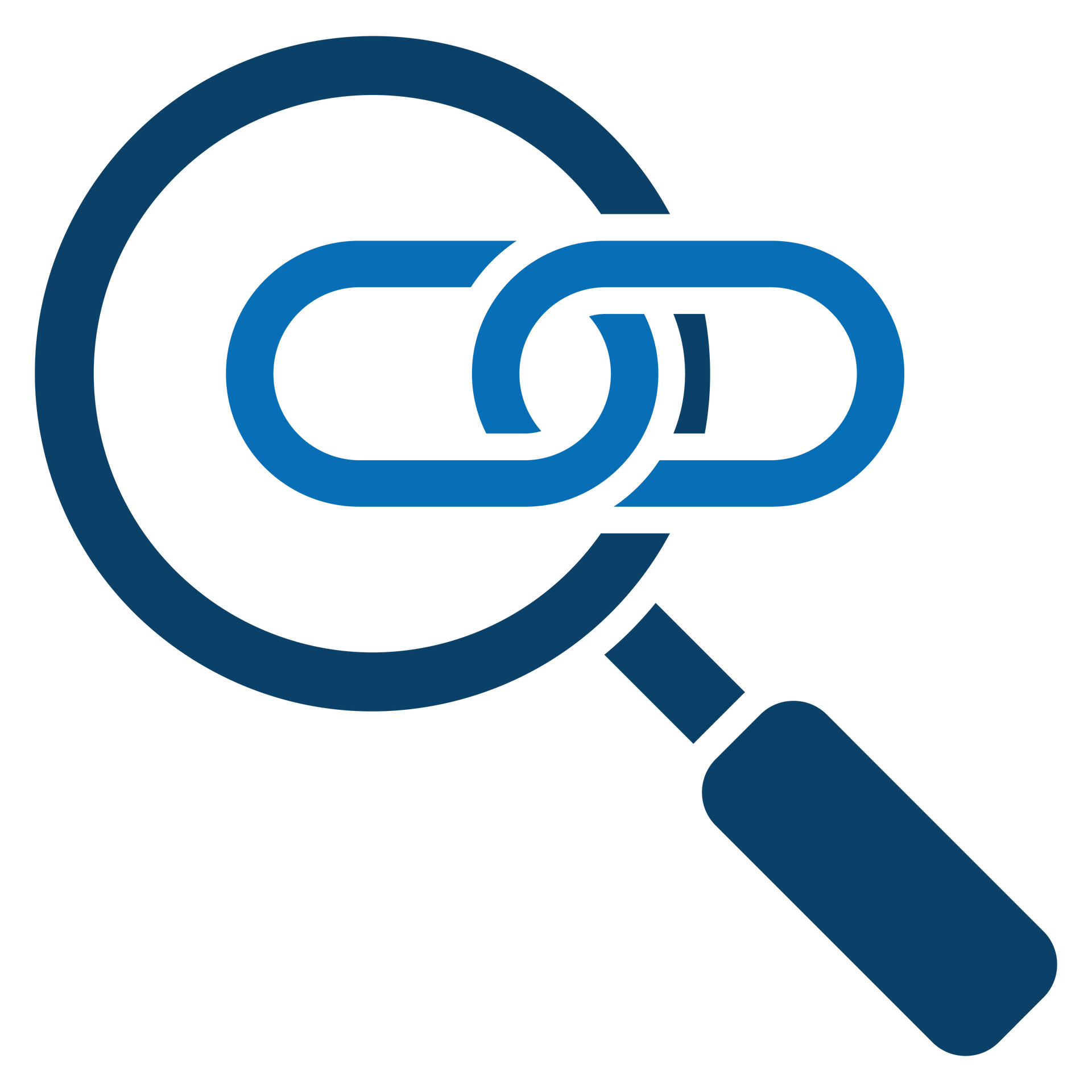 Blue magnifying glass over a chain link icon, suggesting search or link inspection