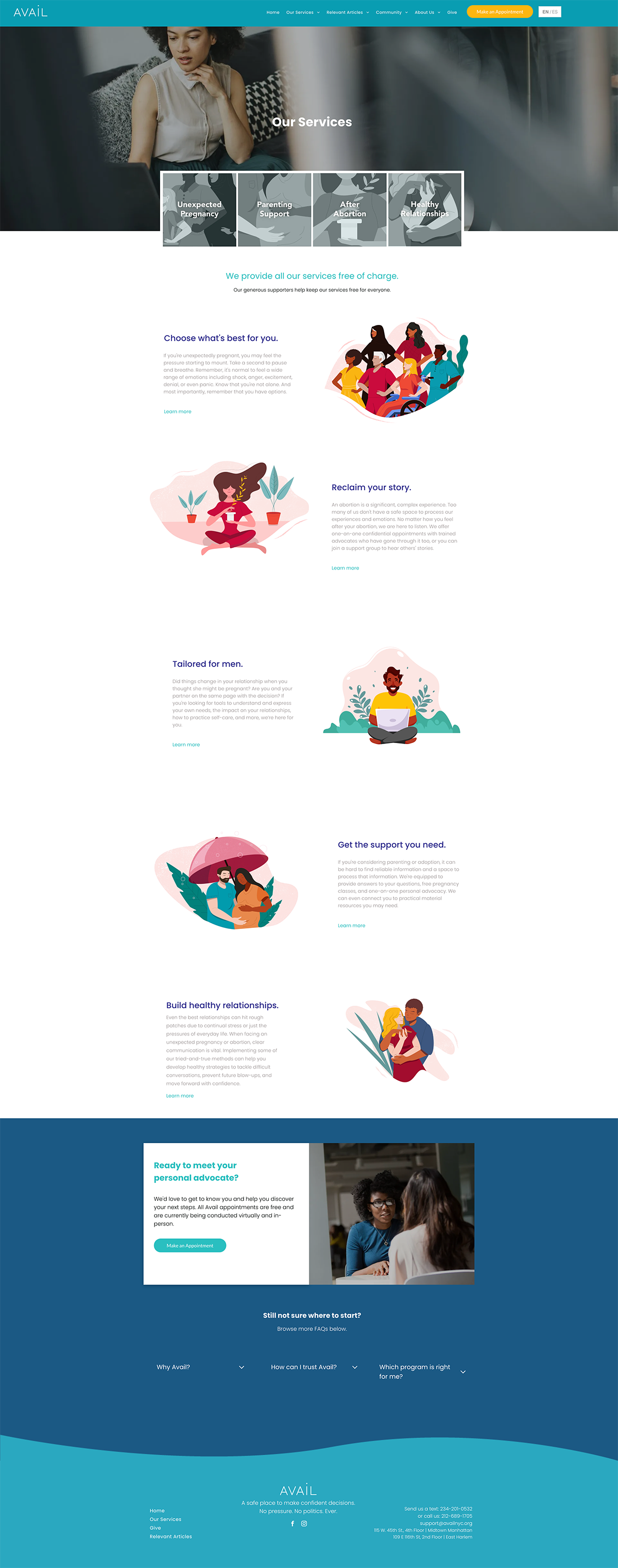 Website homepage with teal header, hero photo, illustrated feature sections, and a blue footer with a contact card