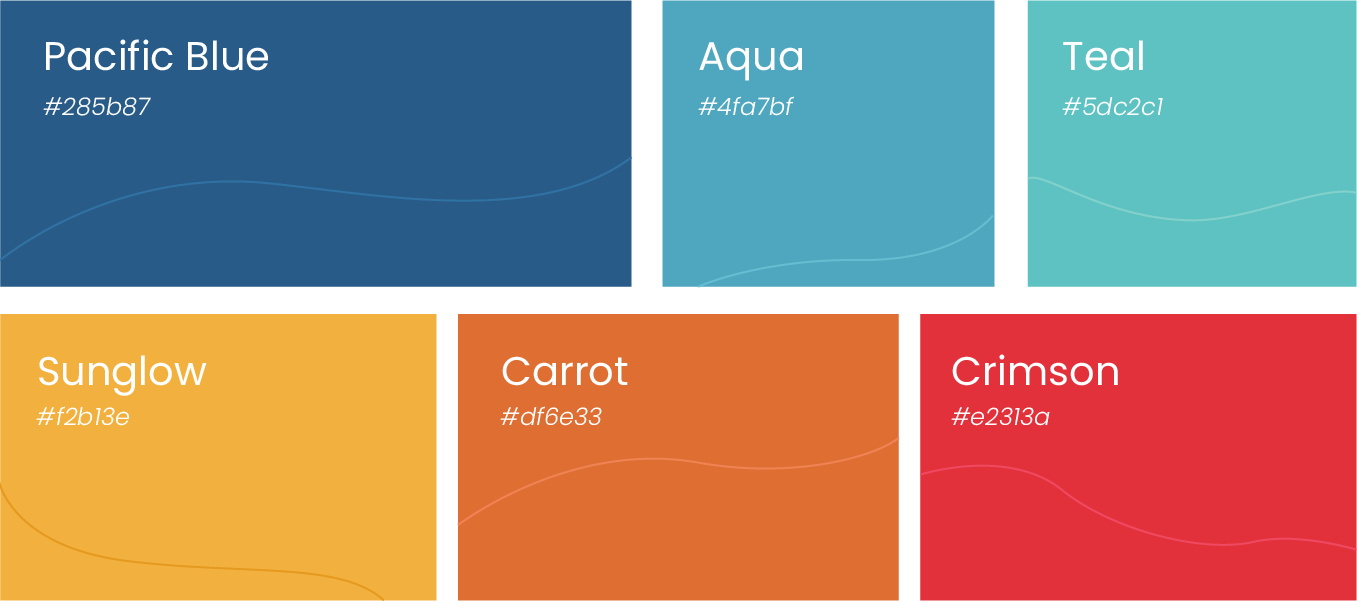Color palette swatches labeled Pacific Blue, Aqua, Teal, Sunglow, Carrot, and Crimson.