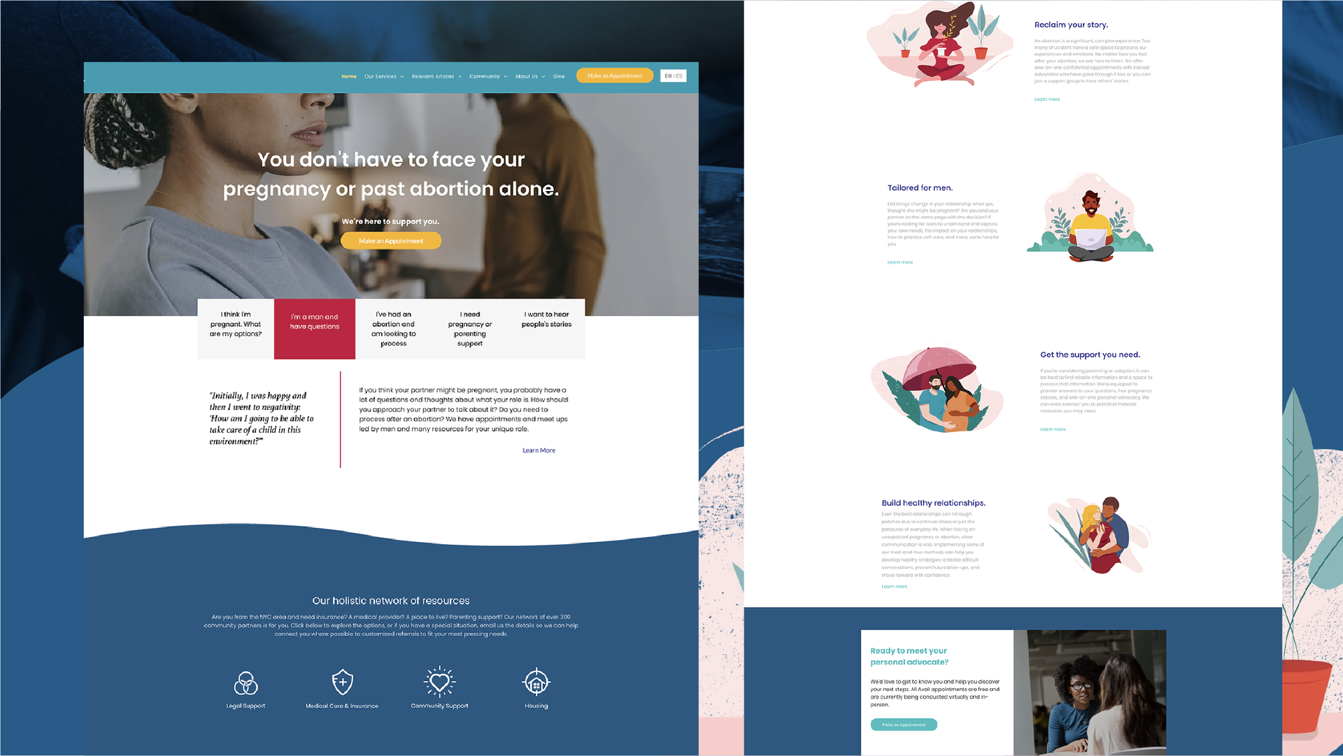 Blue nonprofit-style webpage mockup with large hero banner, mission cards, and illustrated service icons