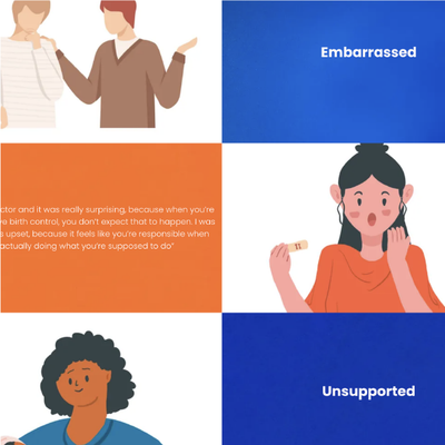 Collage about feeling embarrassed and unsupported, with illustrated figures on blue, orange, and white panels.