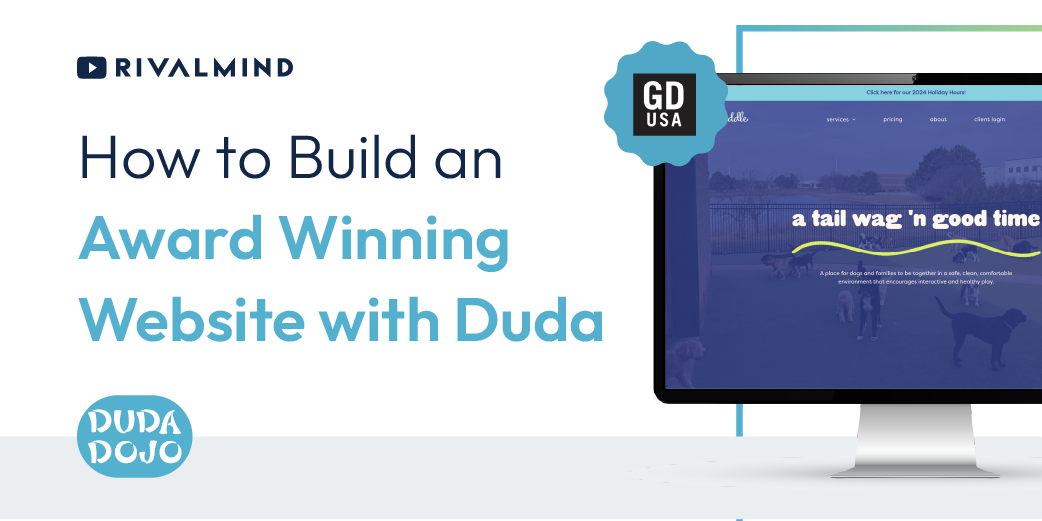 Webinar banner: “How to Build an Award Winning Website with Duda” with laptop mockup and logos on white and blue background