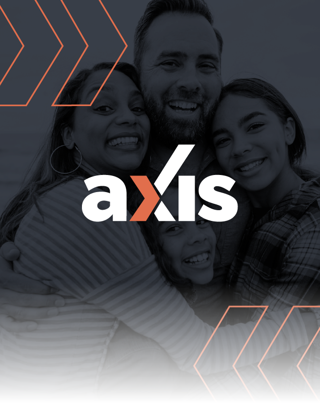 Smiling group selfie behind white “axis” logo with orange chevrons on a dark gray background