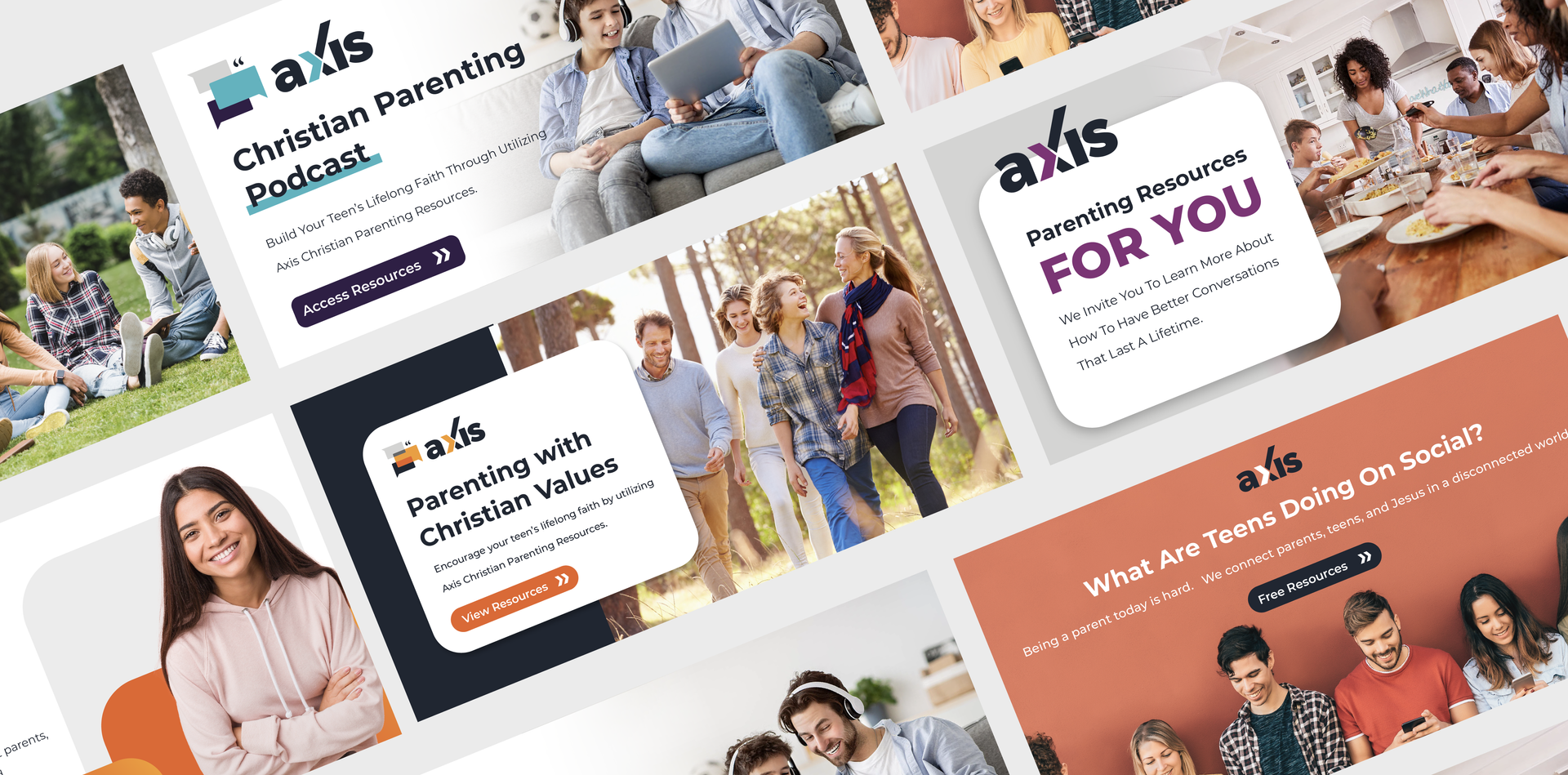 Collage of avls healthcare website screens with photos of smiling staff and patients in white, purple, and orange themes
