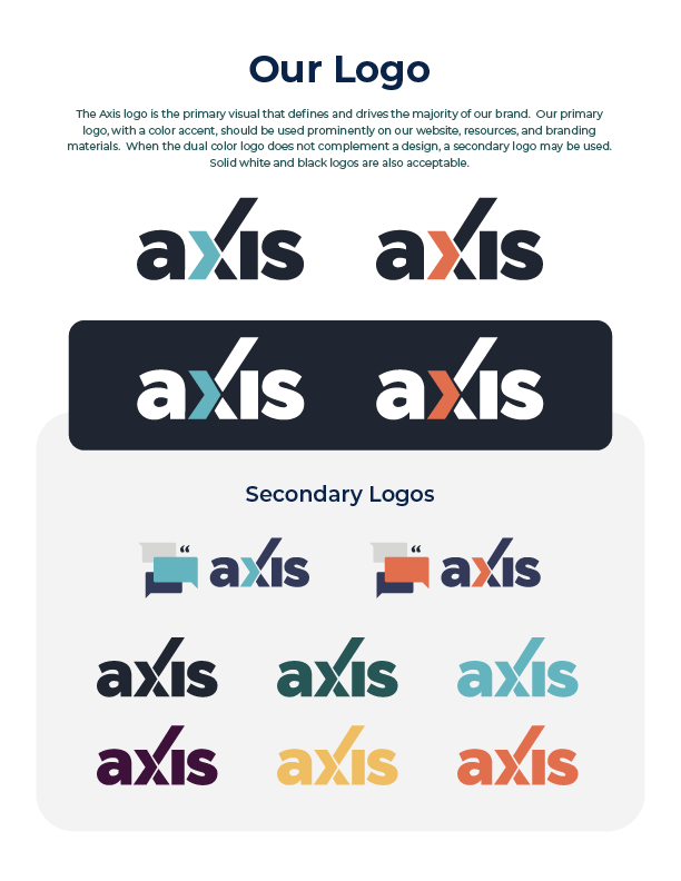 Brand style guide showing Axis logo variations on light and dark backgrounds, plus secondary logos in multiple colors
