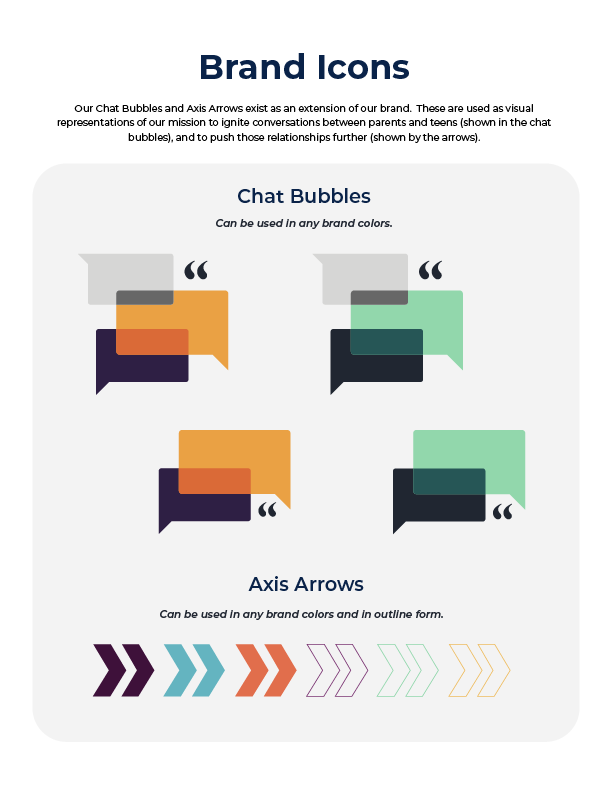 Brand icons reference sheet showing colorful chat bubbles and axis arrows on a white background