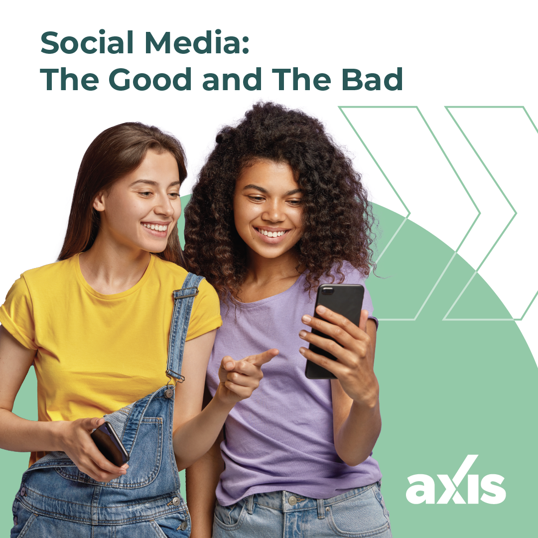 Two people smiling and looking at a phone, with the text “Social Media: The Good and The Bad.”