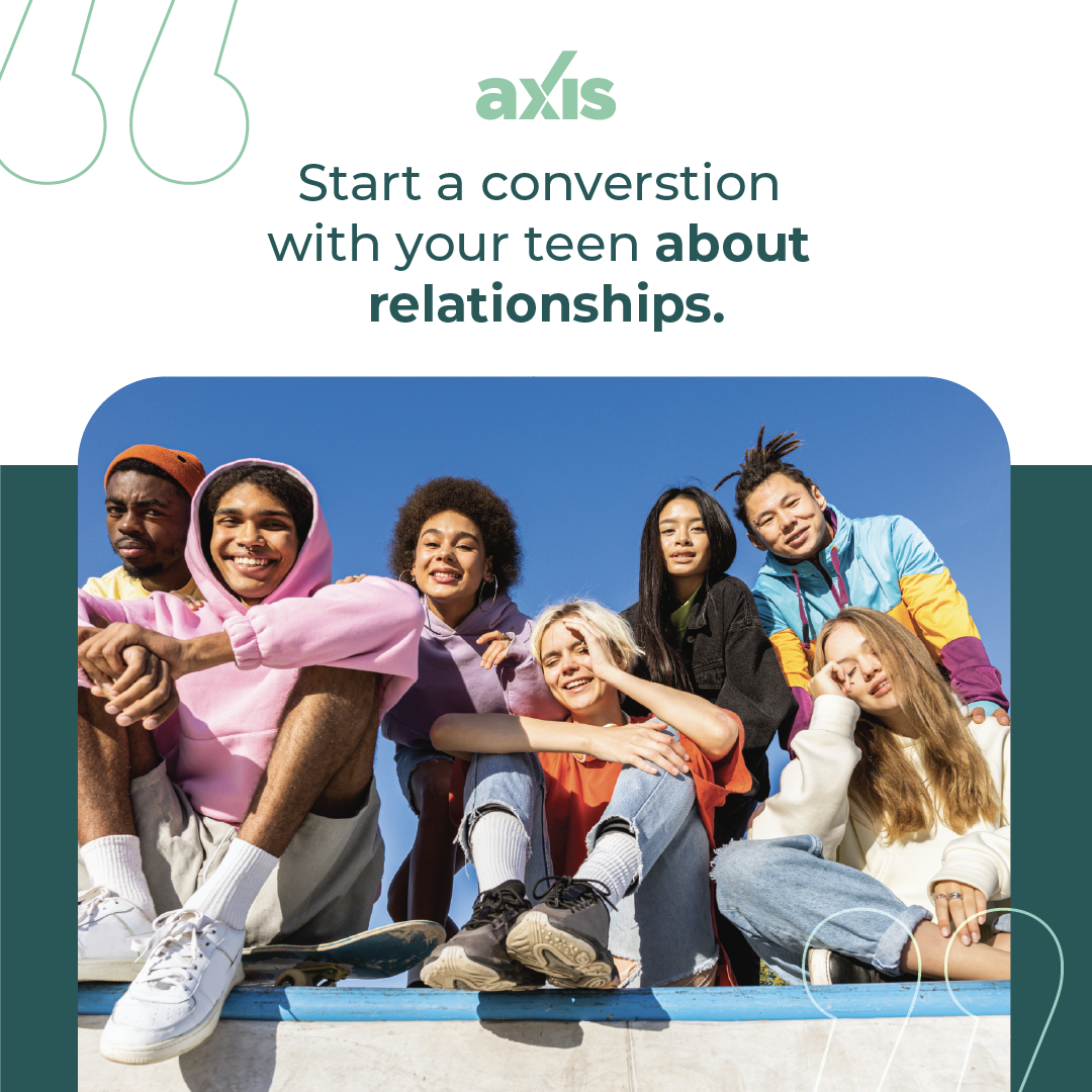 Teal banner with text “Start a conversation with your teen about relationships” and smiling teens seated together