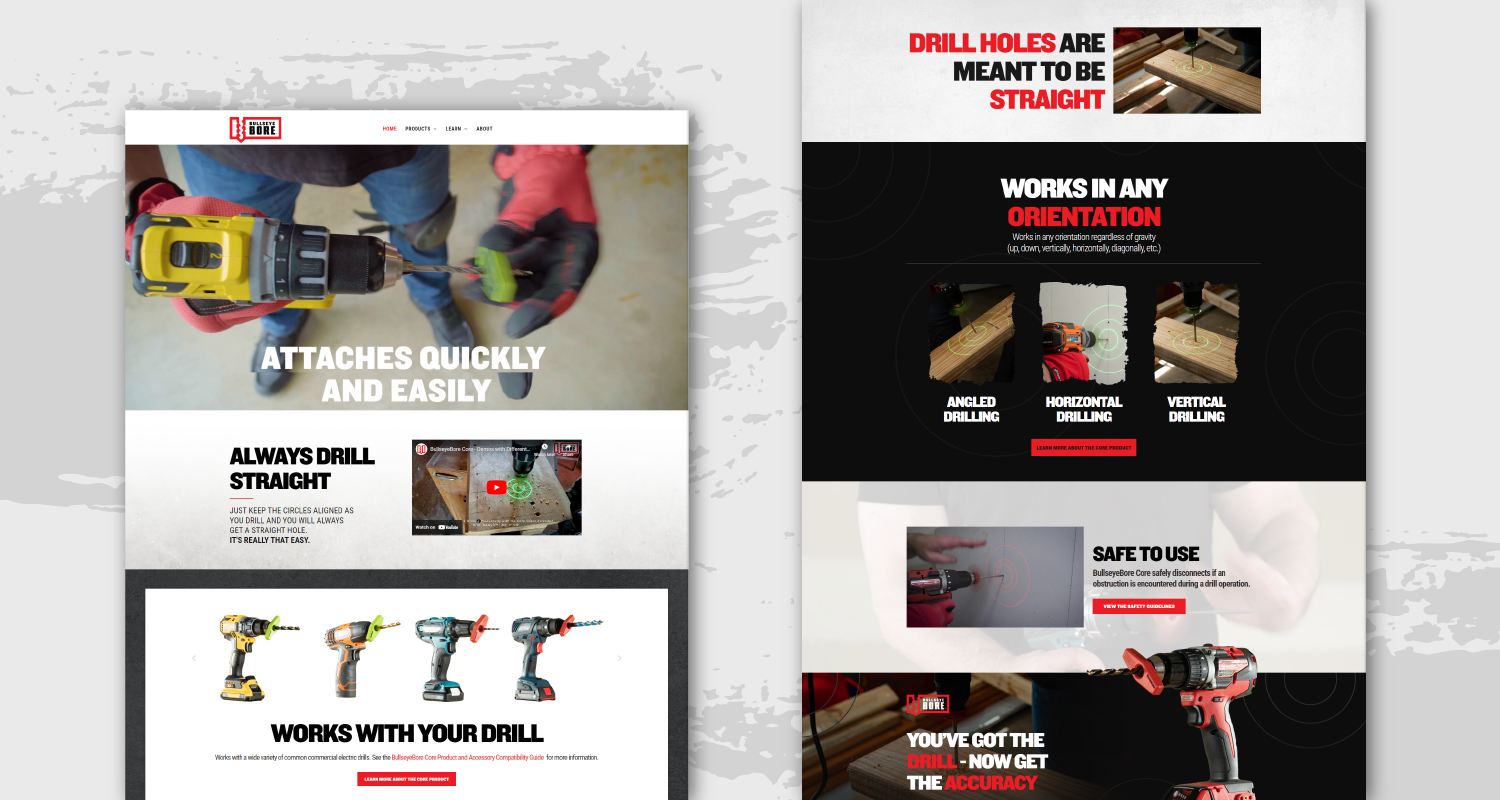 Collage of drill and hammer ad layouts in black, white, red, and gray on a textured background