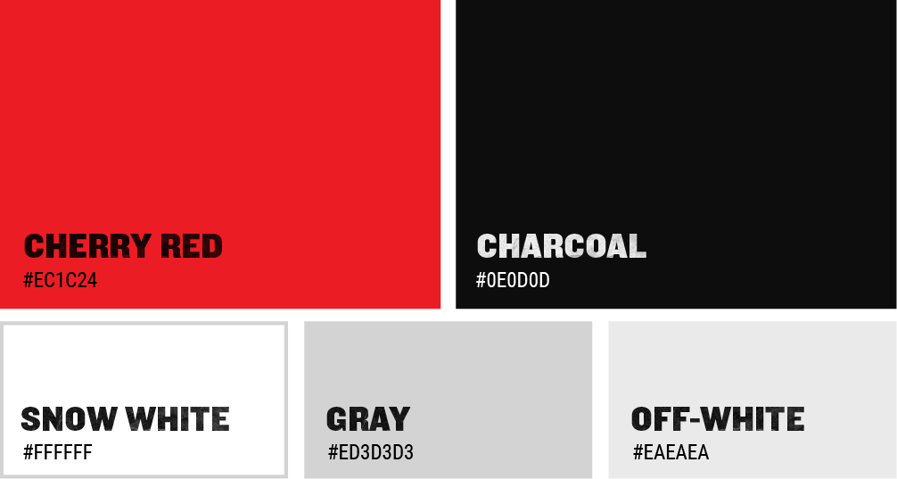Color palette with five swatches: cherry red, charcoal, snow white, gray, and off-white.