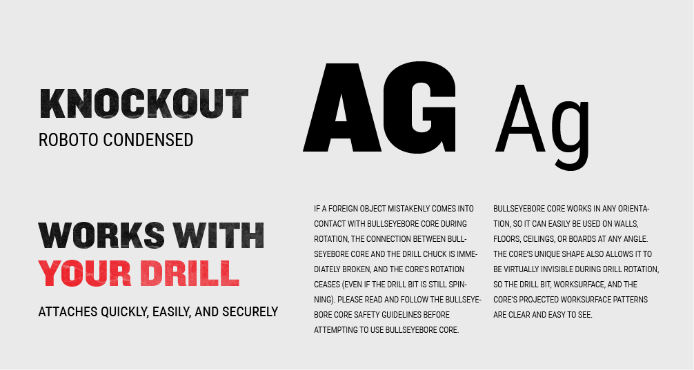 KNOCKOUT roboto condensed and AG Ag typography on white background with “Works with your drill” text