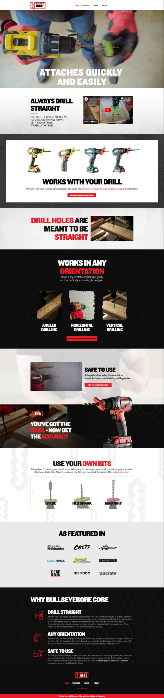 Tall vertical promotional collage with black, red, and white sections featuring shoes, logos, and product text