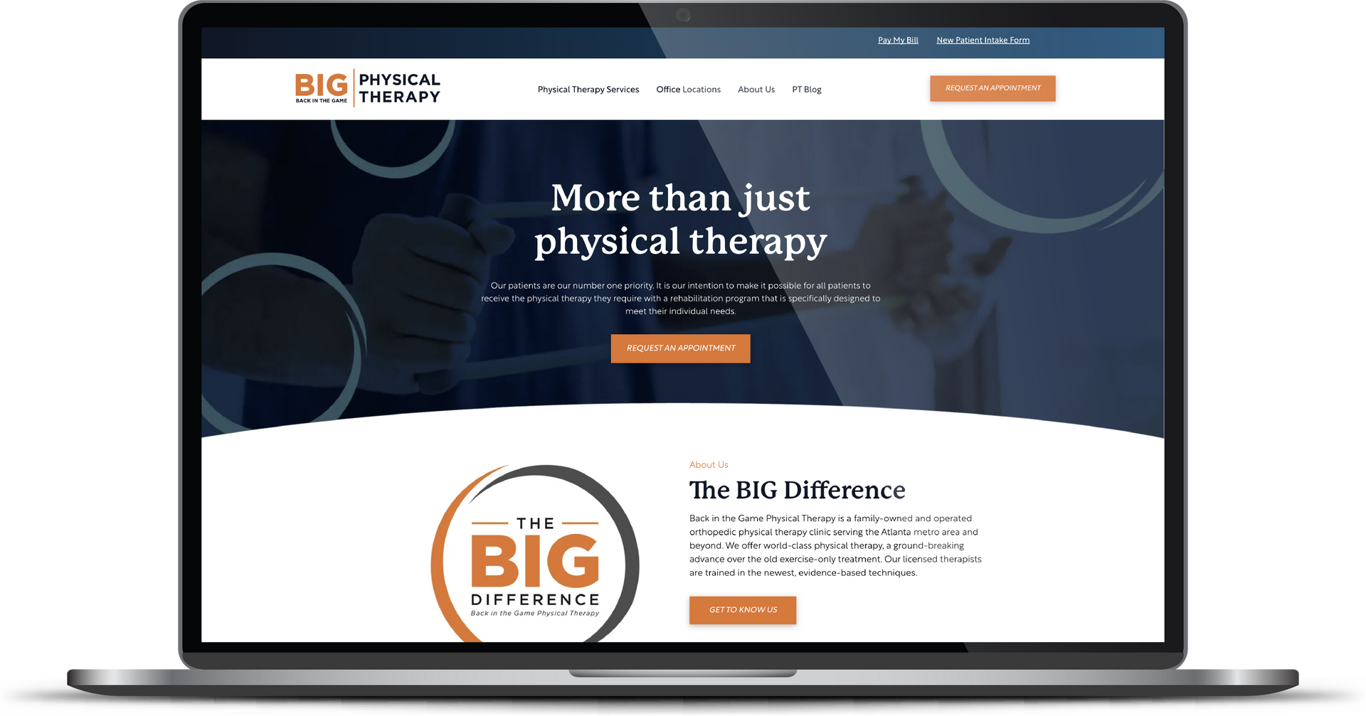 Laptop displaying a physical therapy website with the headline “More than just physical therapy” and orange accents
