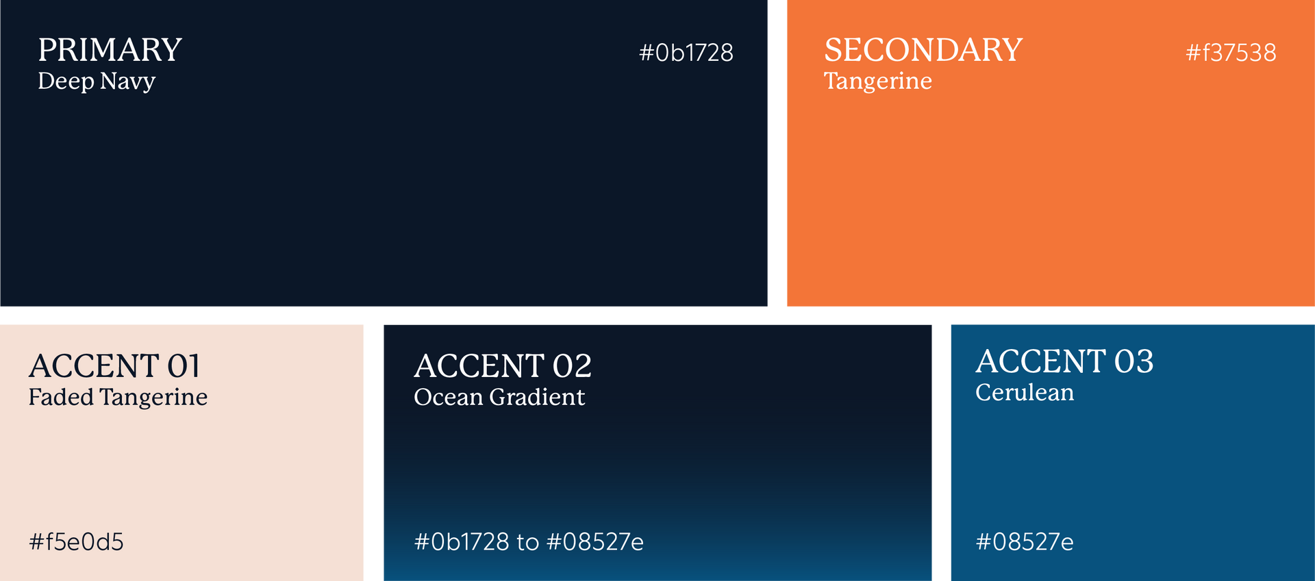 Color palette swatches labeled Primary, Secondary, and Accents in navy, orange, and blue tones