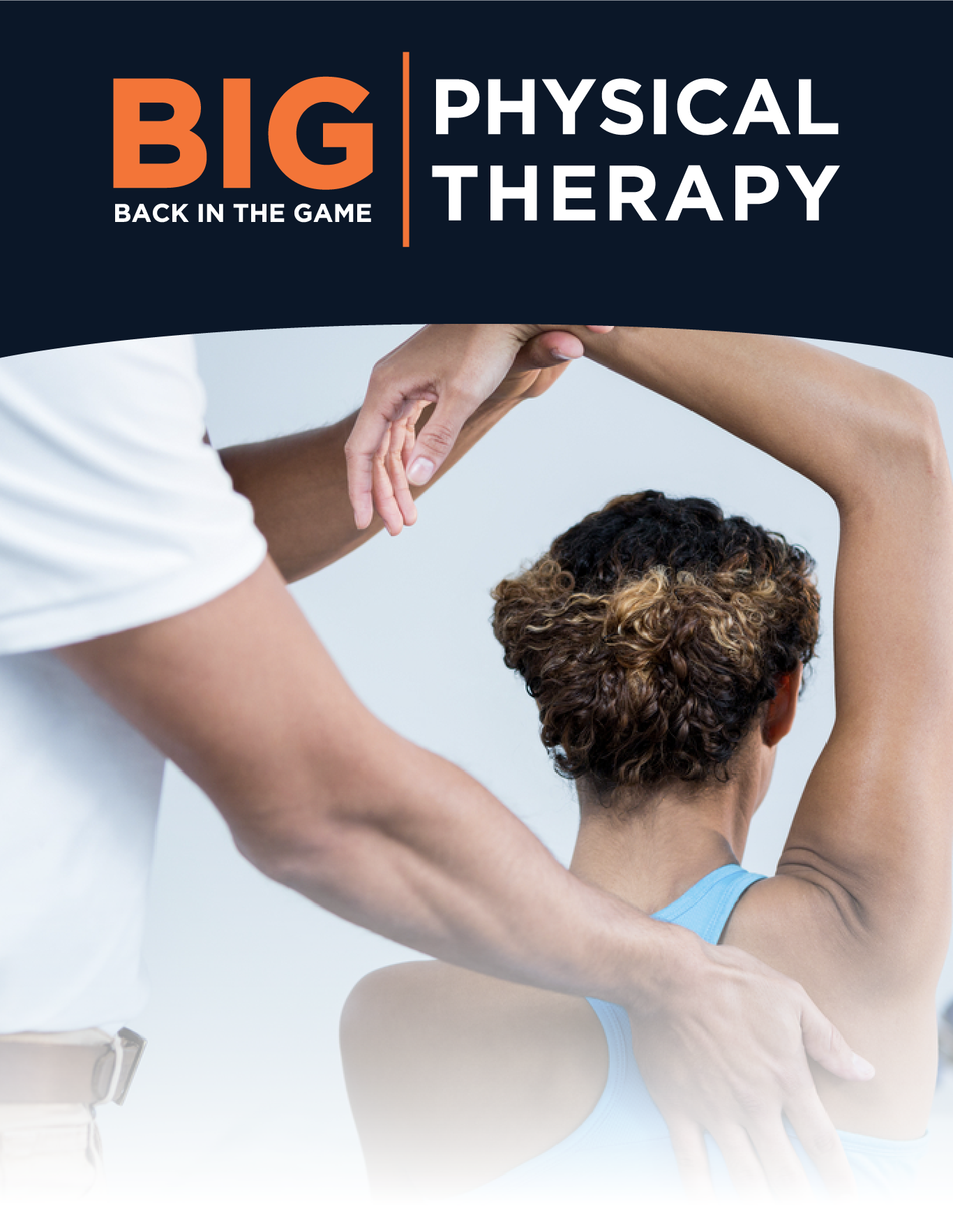 Physical therapy ad showing a therapist assisting a patient with an arm stretch
