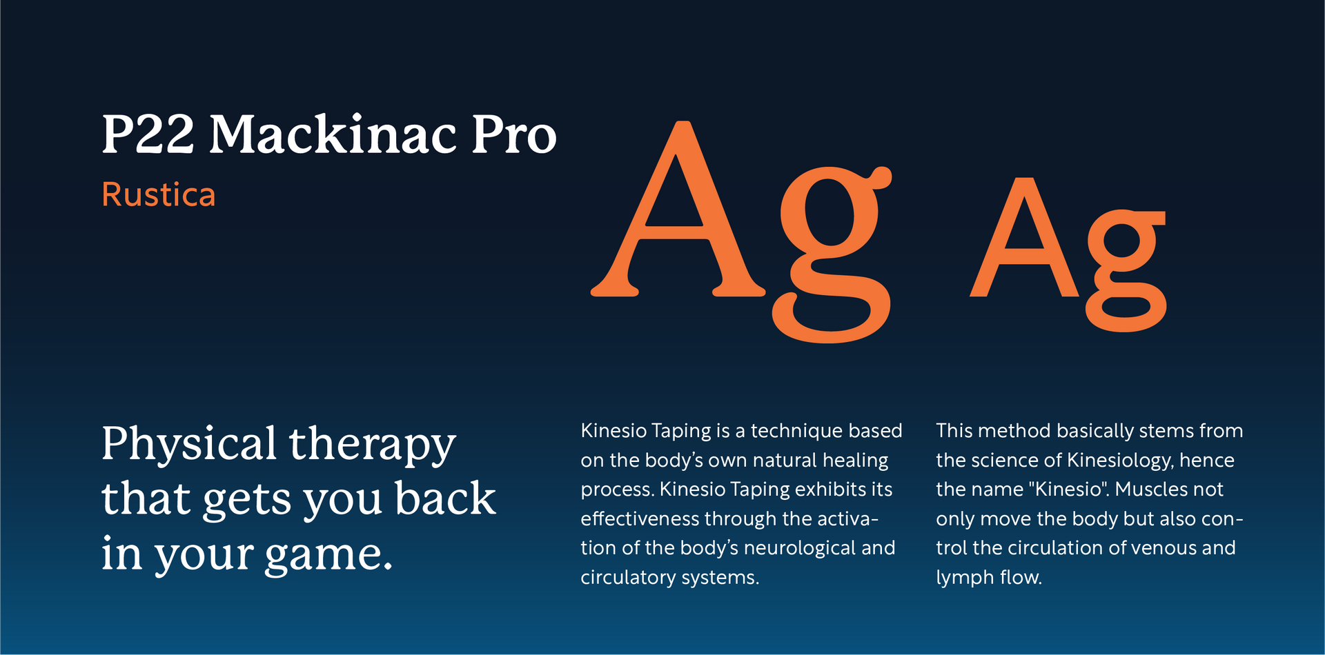 Physical therapy ad for P22 Mackinac Pro, orange “Ag” on dark background with white text about back pain