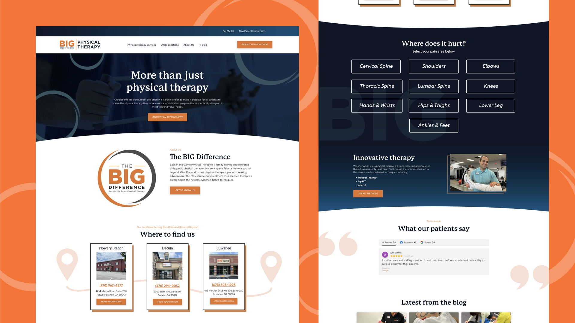 Two mobile website mockups on an orange and navy background with landing page sections and app screenshots