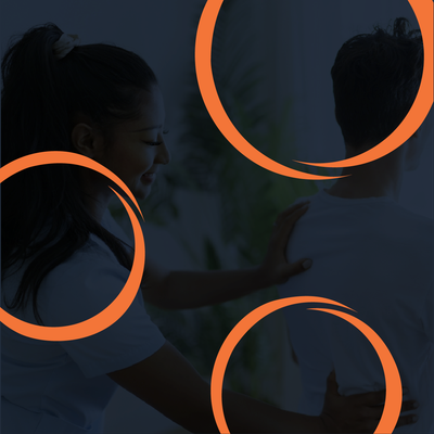 Team members collaborating with orange circles highlighting key areas on a dark background