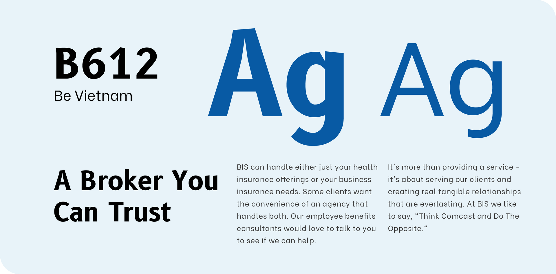 B612 blue-and-white ad with “Ag Ag,” “A Broker You Can Trust,” and small text blocks