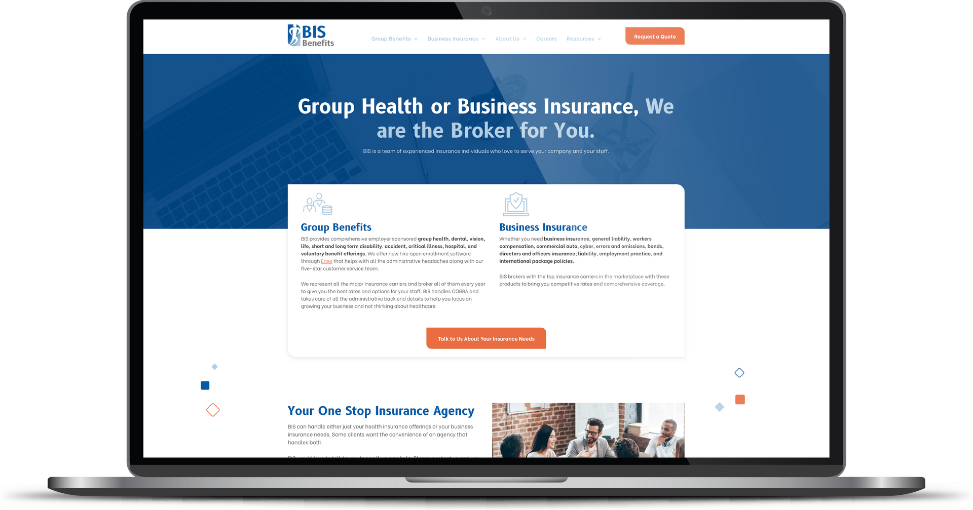 Laptop displaying a blue-and-white health insurance website homepage with a headline and orange call-to-action button
