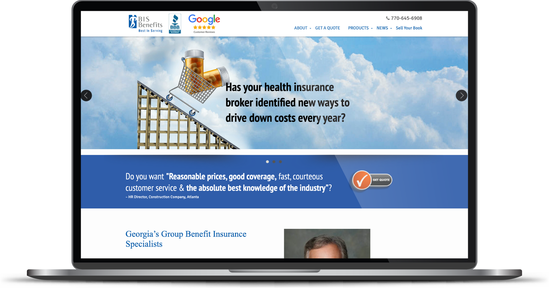 Laptop displaying a website with a blue sky banner and a graduation cap graphic