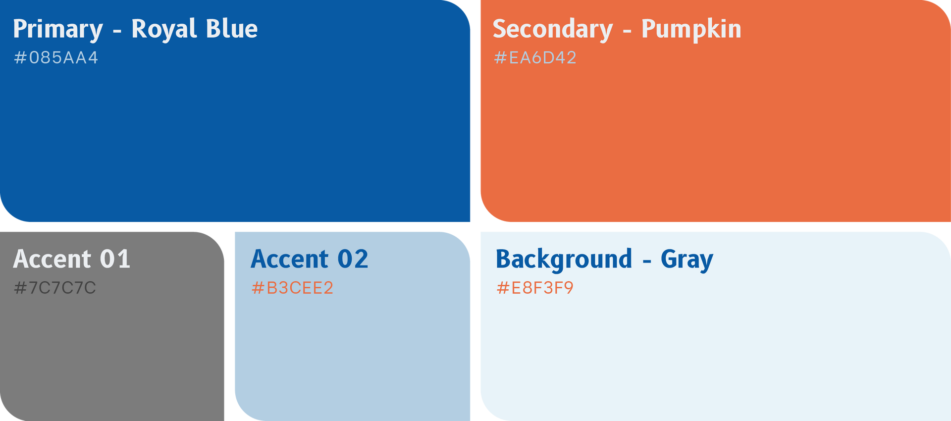 Color palette with primary royal blue, secondary pumpkin, accent grays, and light blue background swatches