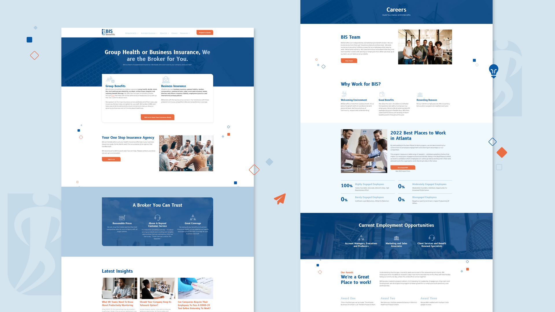 Two blue-and-white website homepage mockups shown side by side on a light background