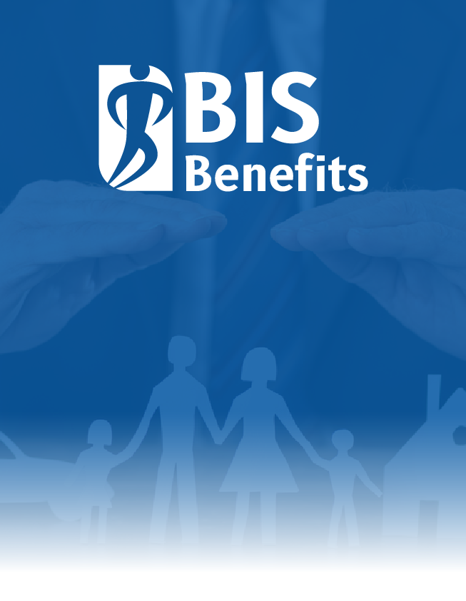 BIS Benefits logo on blue background with faint family silhouettes