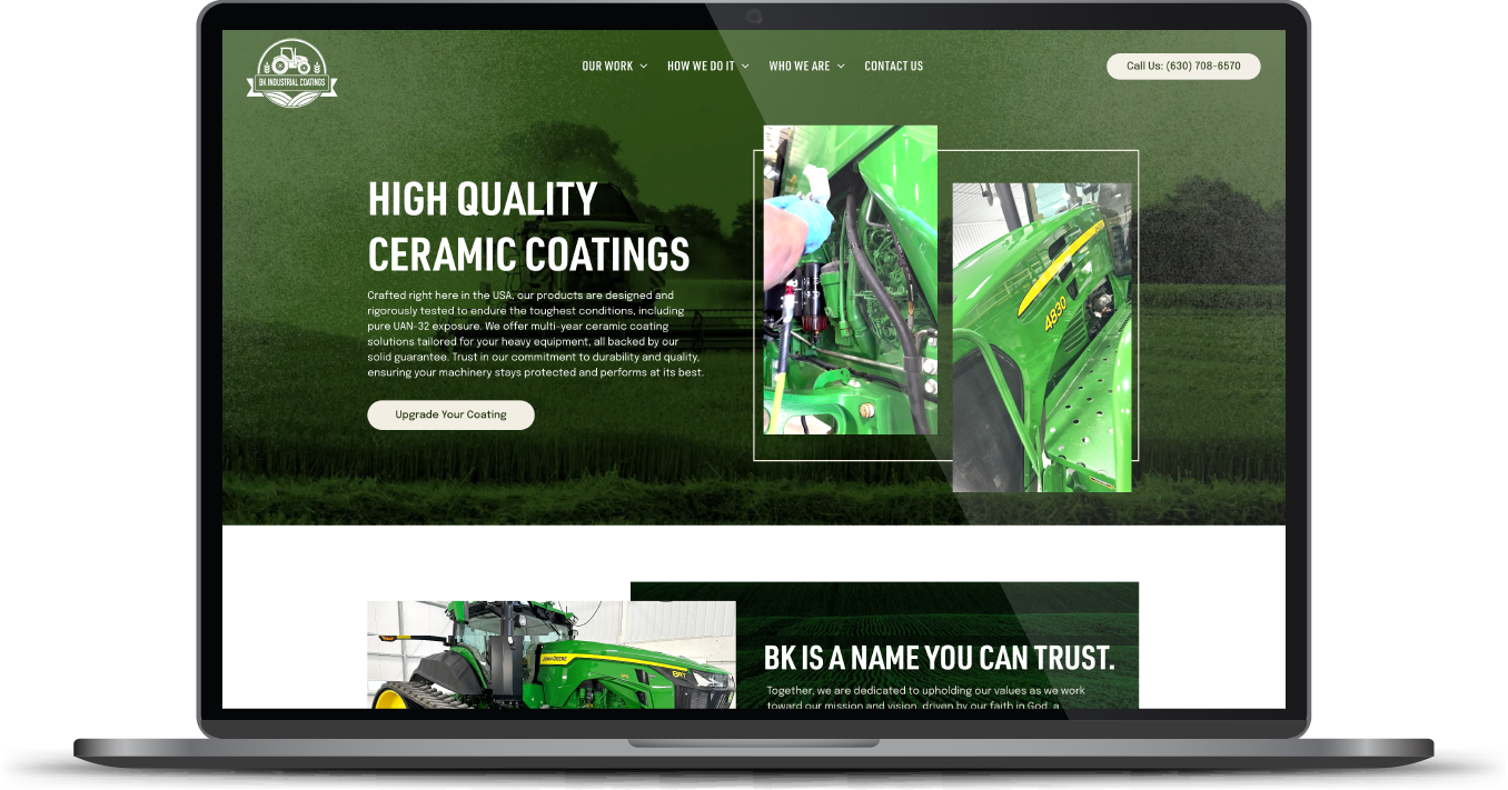 Laptop displaying a green website for high quality ceramic coatings with cars and paint protection imagery