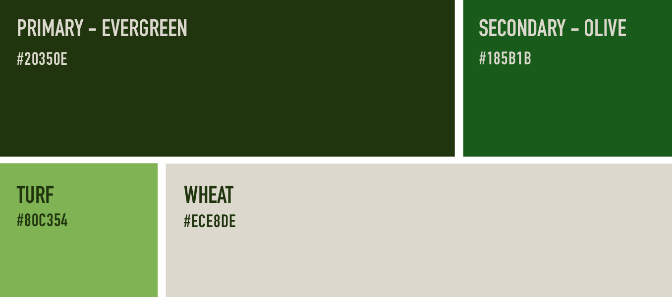Color palette swatches labeled Primary Evergreen, Secondary Olive, Turf, and Wheat with hex codes.