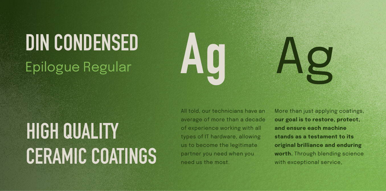 Green ad for DIN Condensed Epilogue Regular and high quality ceramic coatings with Ag symbols