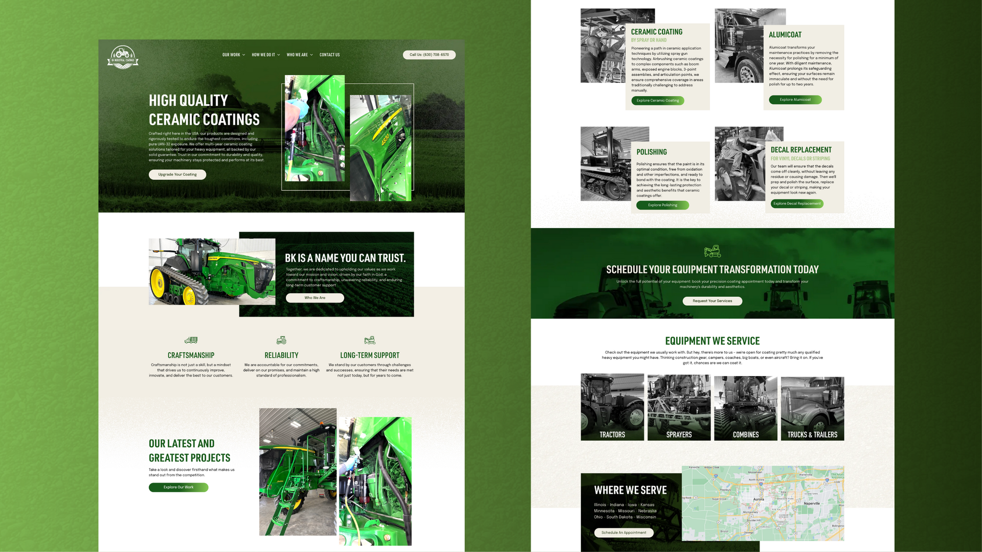 Green-themed website mockup showing cannabis product pages, branding, and product cards on desktop layout