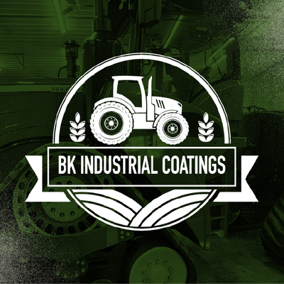 BK Industrial Coatings logo with white tractor emblem on a dark green industrial background