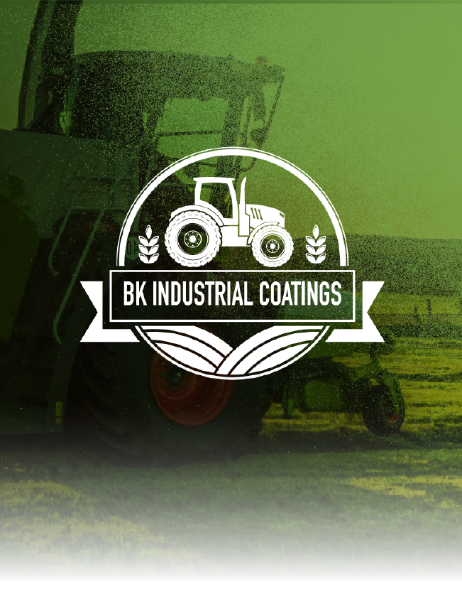 BK Industrial Coatings logo in white on a green industrial background with a tractor and gear emblem